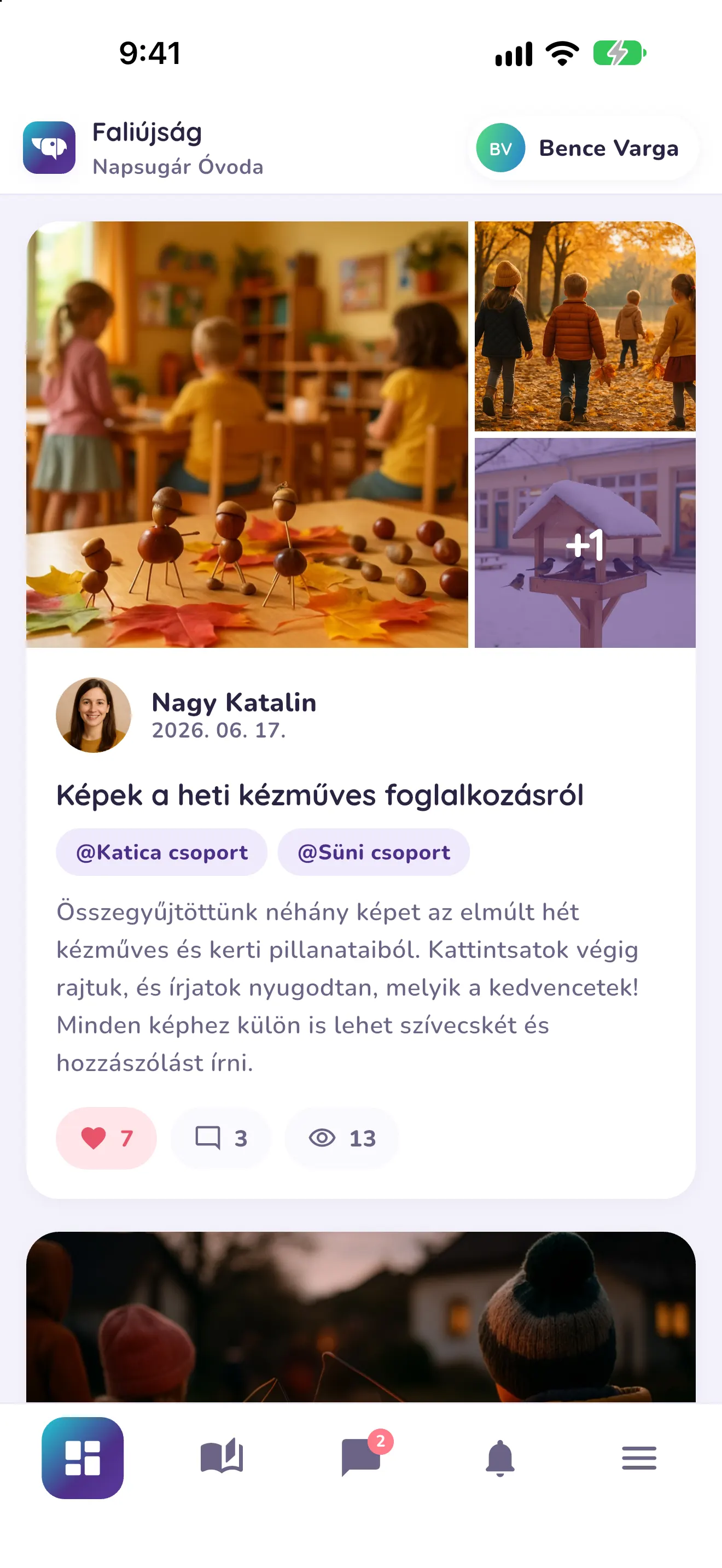 A kidea faliújság nézete: fotóalbum a heti kézműves foglalkozásról, kedvelésekkel és hozzászólásokkal