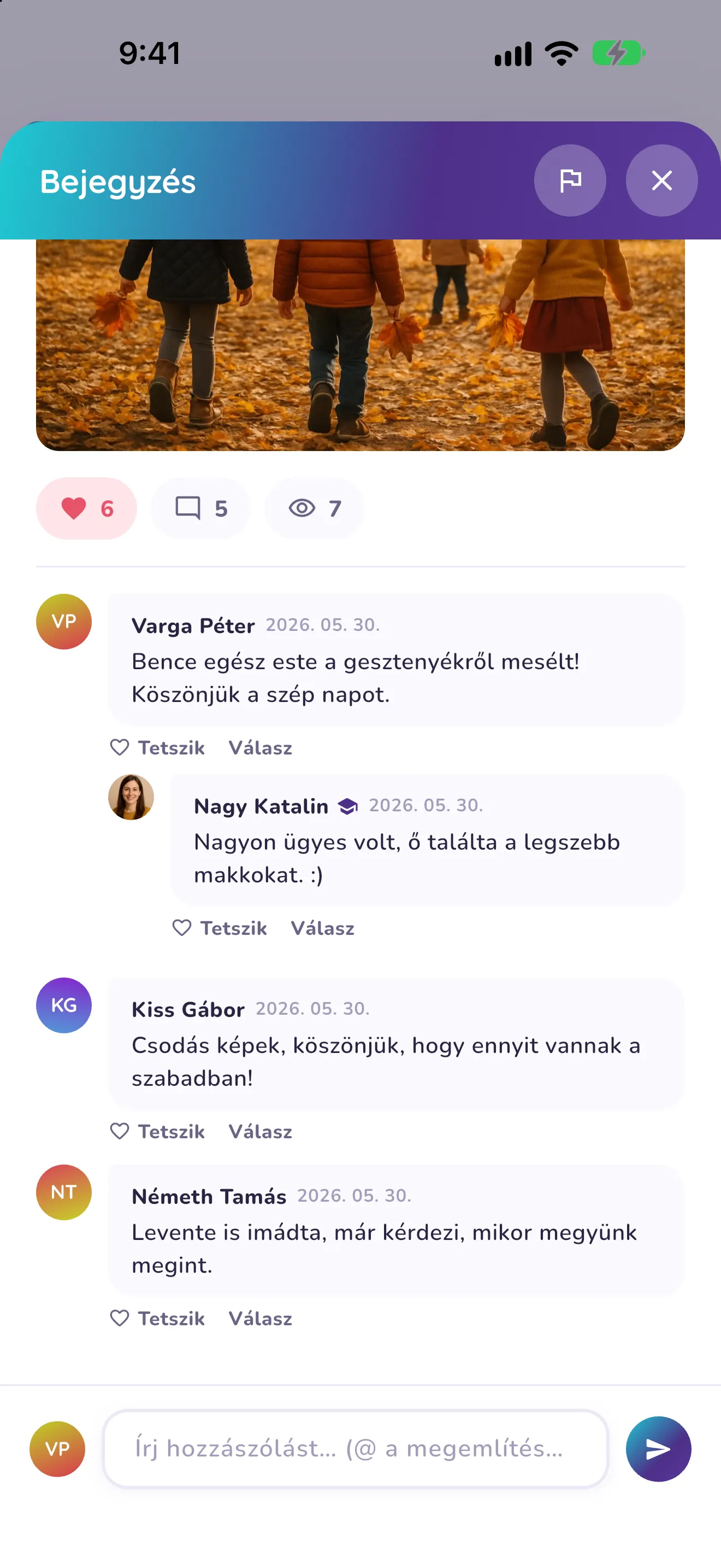 Bejegyzés részletes nézete a kidea alkalmazásban képgalériával és hozzászólásokkal