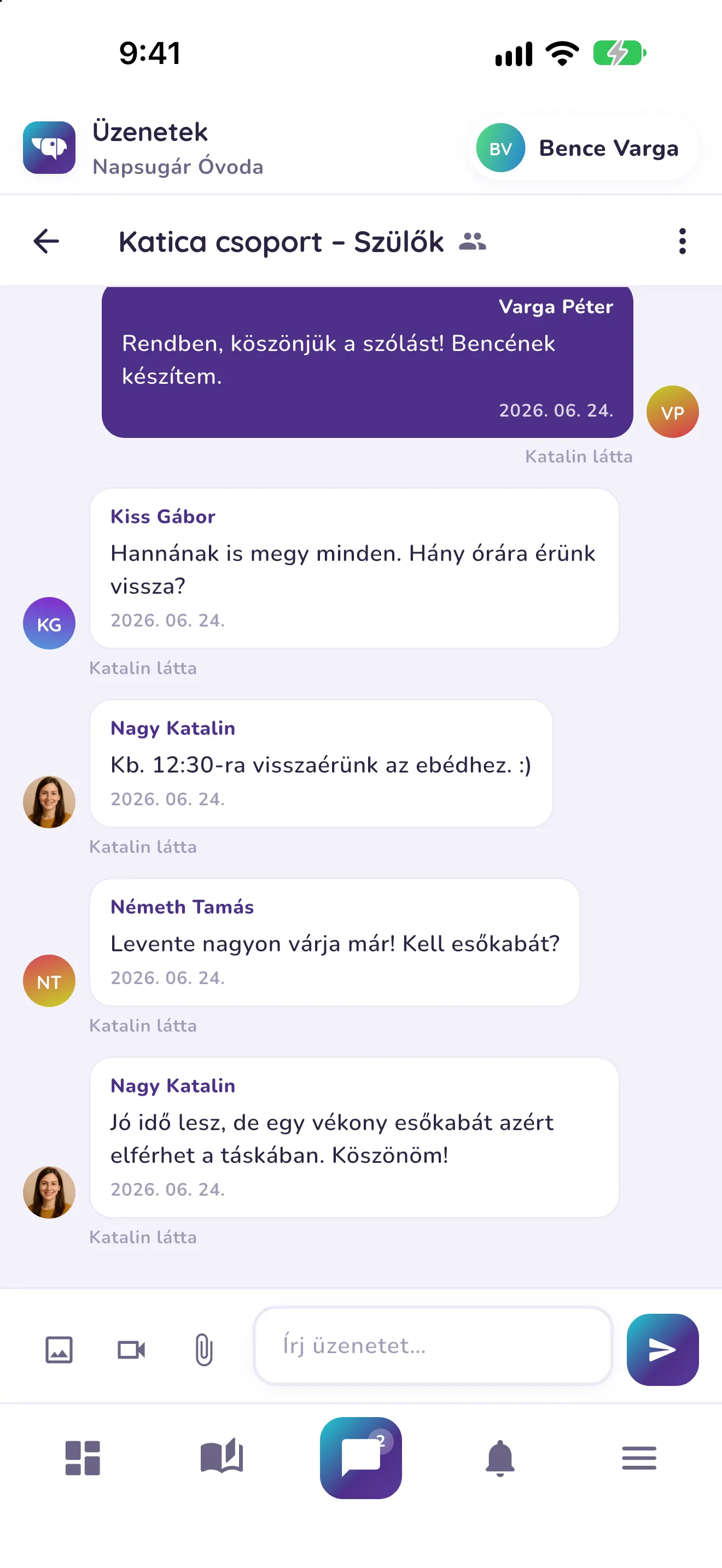 A kidea üzenetek nézete: csoportos beszélgetés a Katica csoport szüleivel